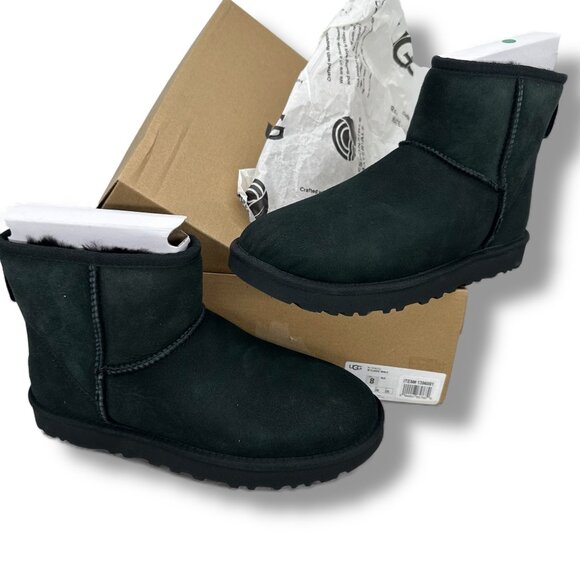 UGG Classic Mini II Boots Women’s Black Sheepskin Suede Winter Ankle Boots - Picture 2 of 15